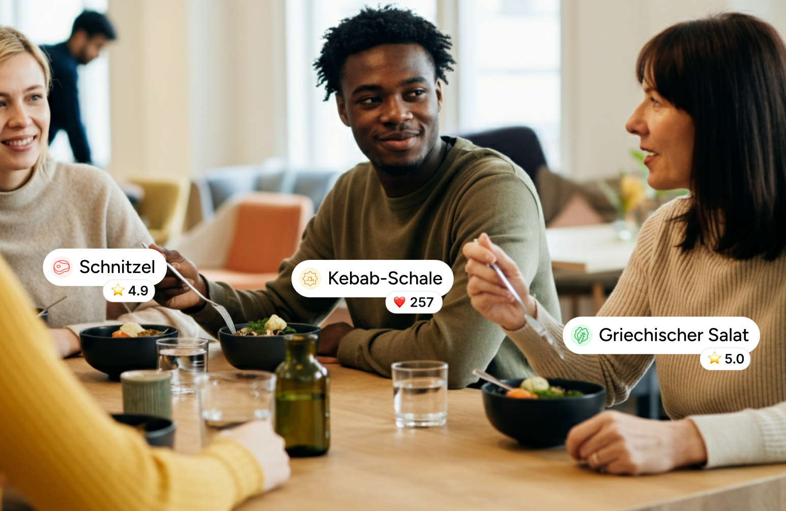 Colleagues enjoying a fresh lunch together at the office
