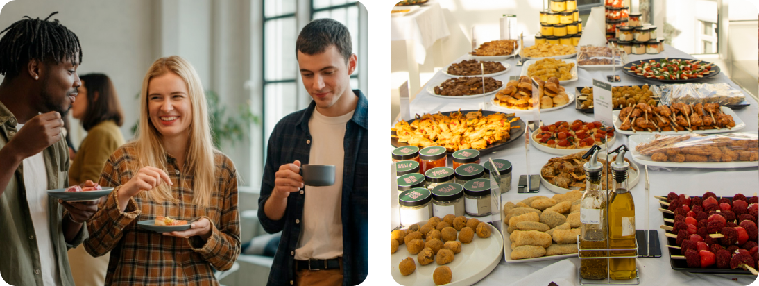 Colleagues eating at an office event beside a full catering buffet table