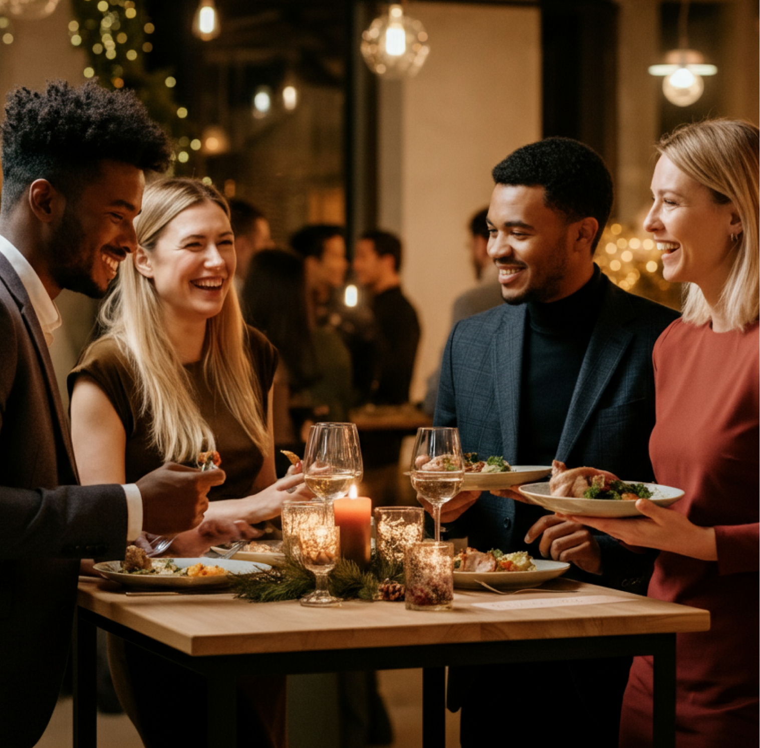 Colleagues celebrating together at a festive Christmas party
