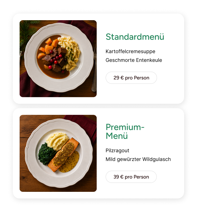 Bella&Bona Standard- und Premium-Weihnachtsmenü-Karten mit Preisen