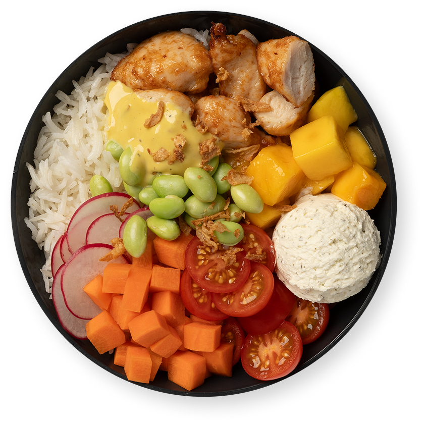 Poke bowl with chicken, mango and rice