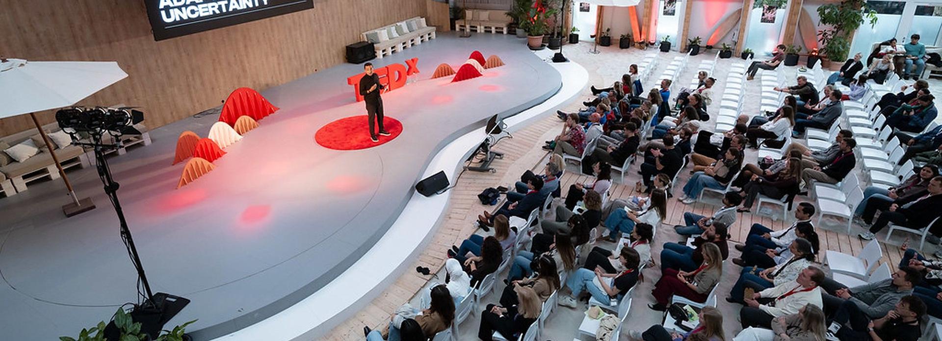 Ein Speaker auf dem roten TEDx-Teppich vor vollem Publikum beim TEDxMitte 2026