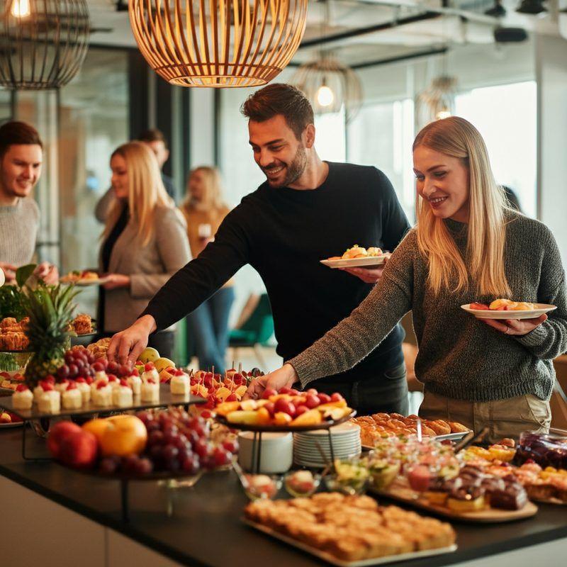 Colleagues serving themselves at a Bella&Bona catering buffet