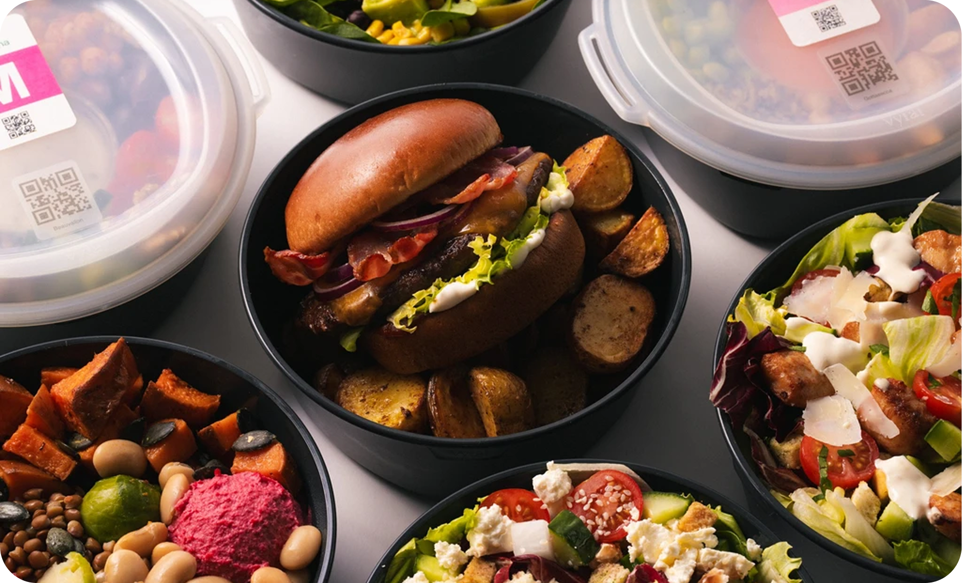 A spread of fresh Bella&Bona bowls and burgers