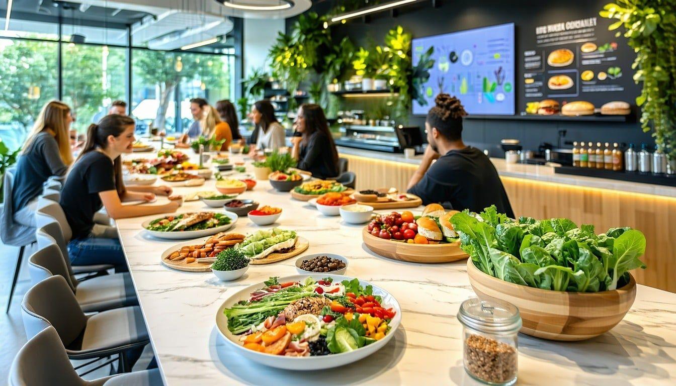 A shared table of fresh office lunch bowls