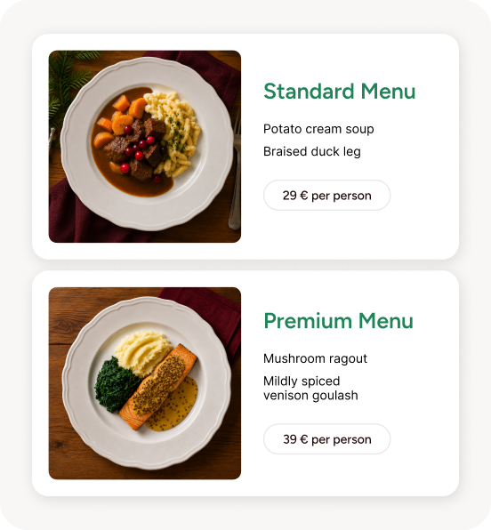 Bella&Bona Standard and Premium Christmas menu cards with pricing