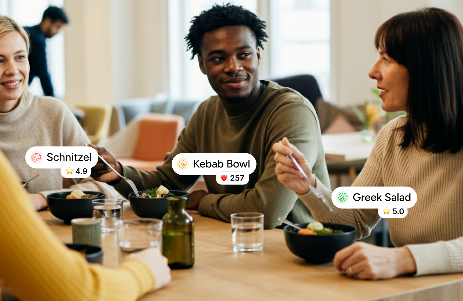 Colleagues enjoying a fresh lunch together at the office