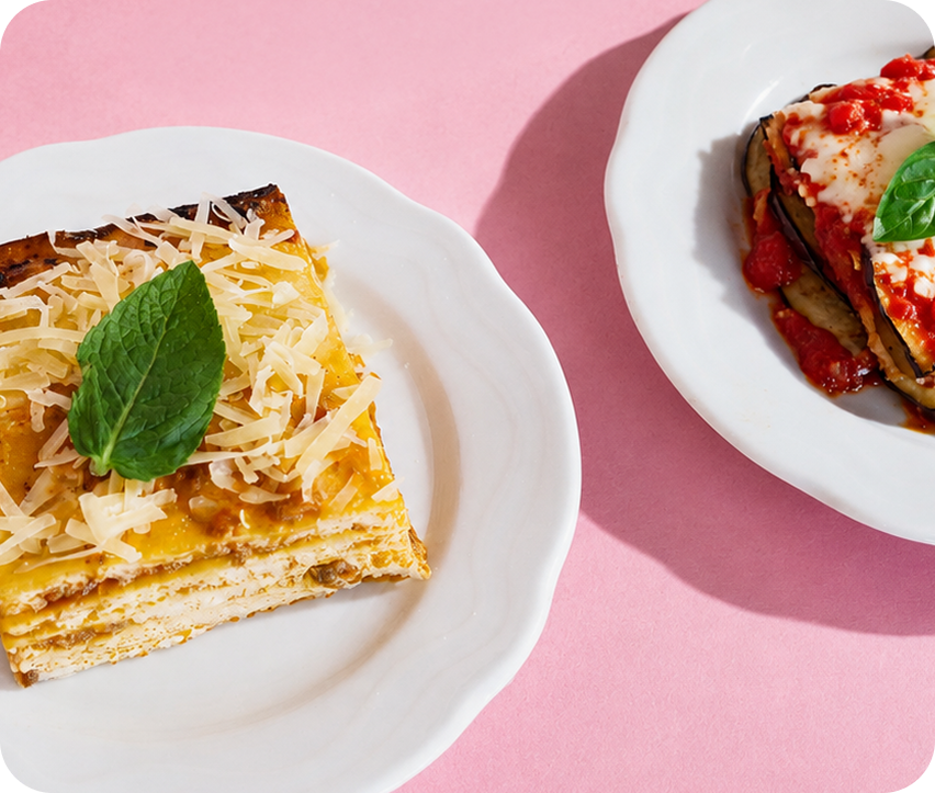 Lasagna and eggplant parmigiana plated