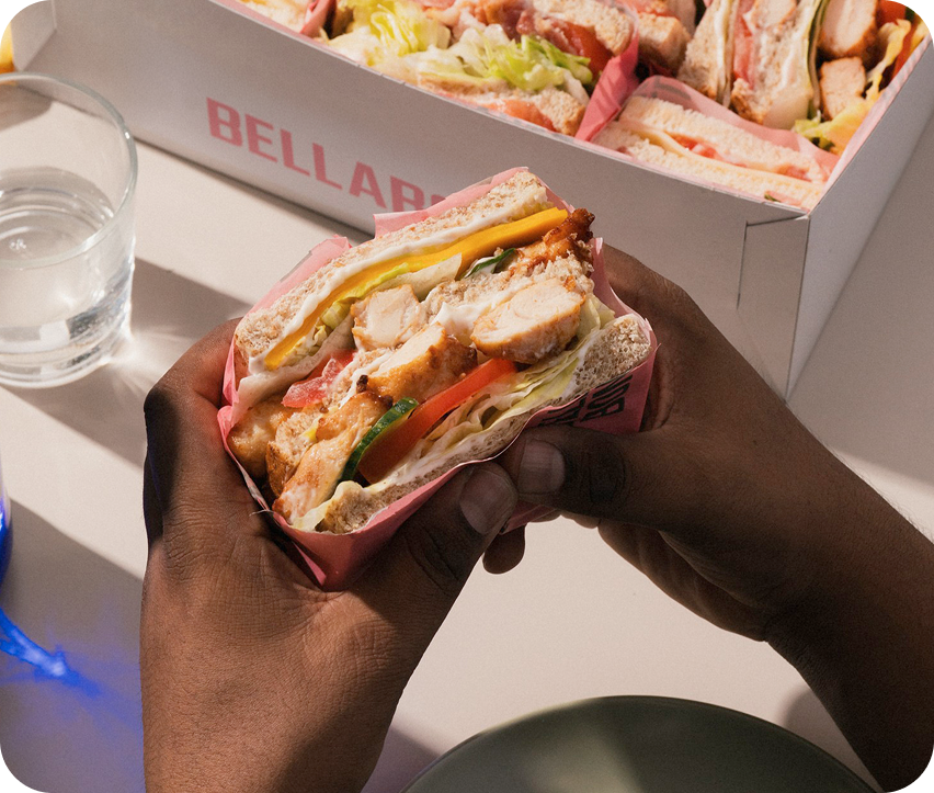 Assorted Bella&Bona sandwiches and wraps in a catering box