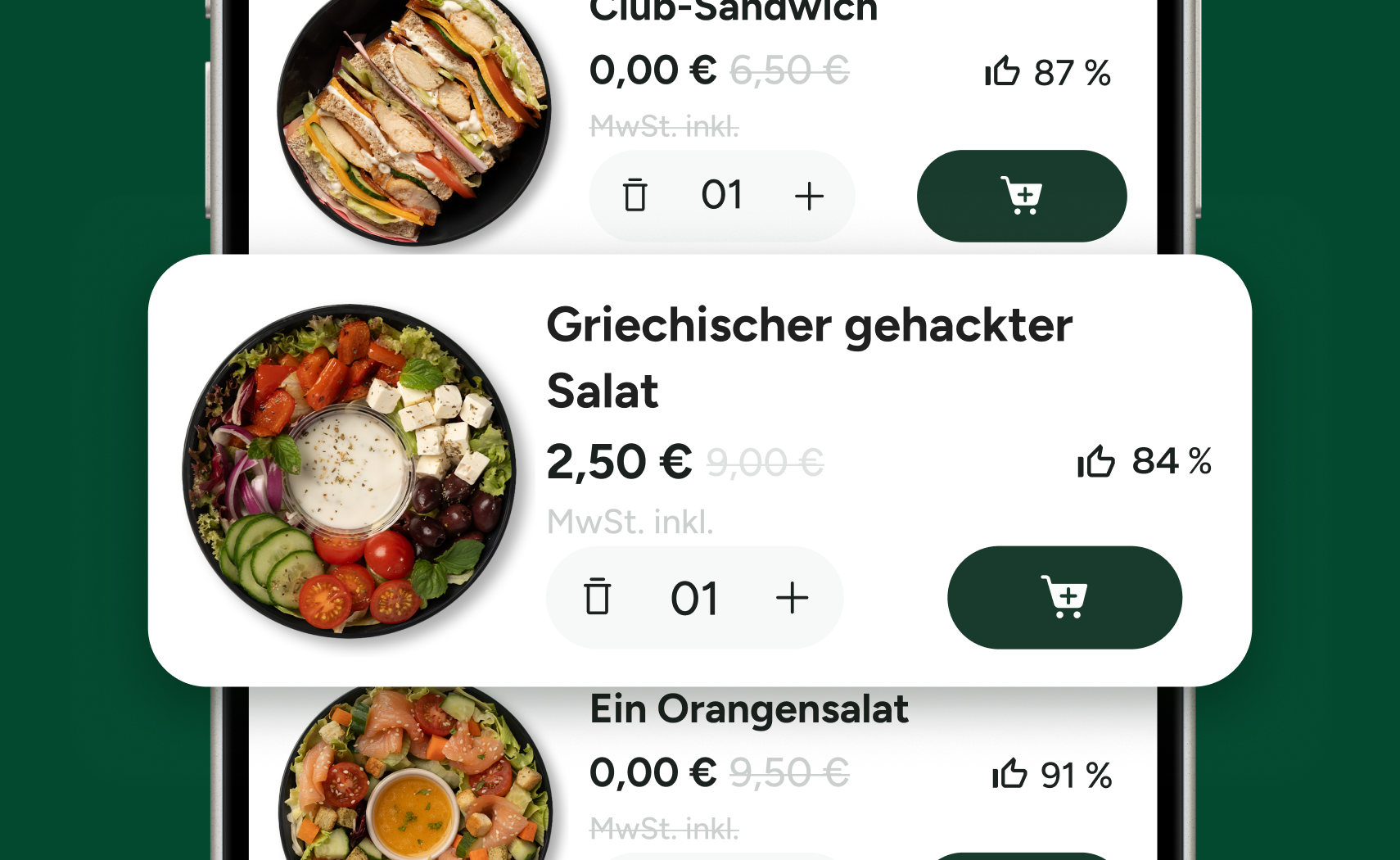 Daily menu with dishes, prices and ratings in the app