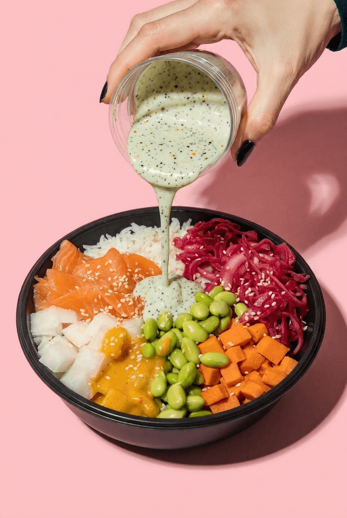 Fresh poke bowl with salmon, avocado and vegetables