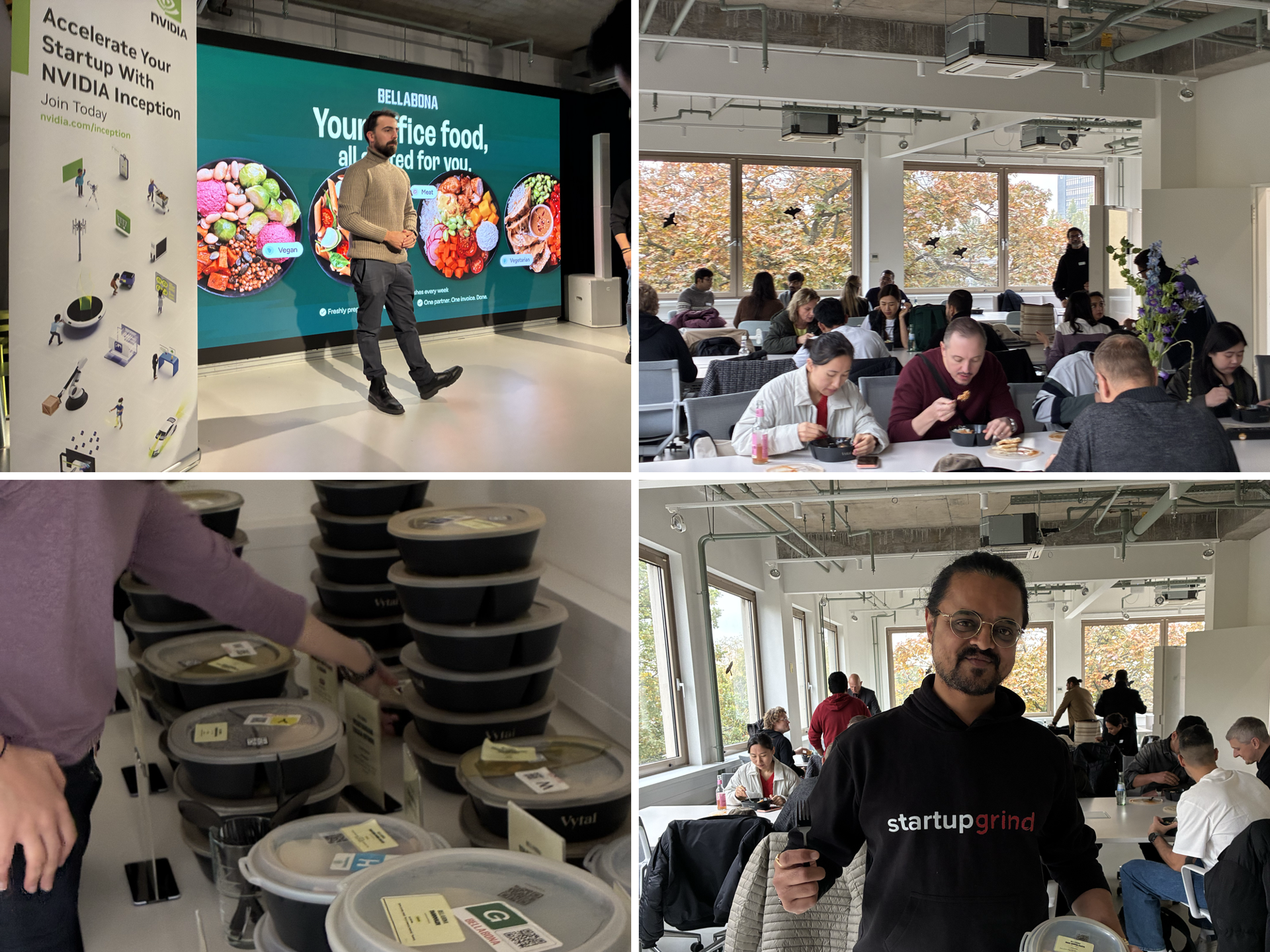 Collage from the watch party: Matteo on stage, labelled lunch boxes, guests eating together and the Startup Grind host