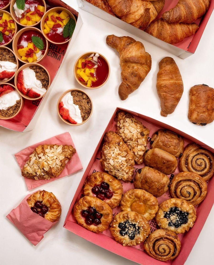 An assortment of croissants and bakery pastries
