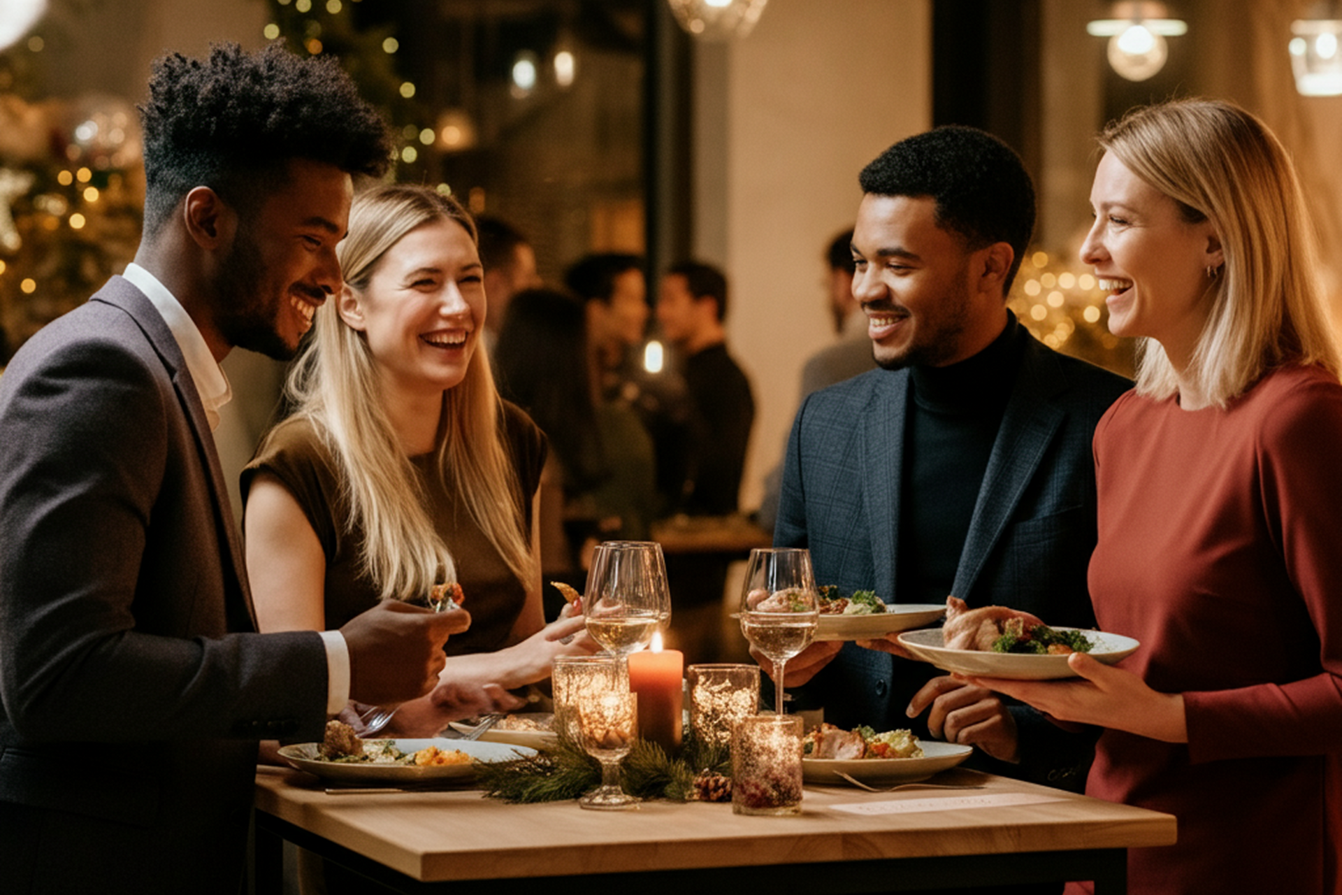 Colleagues celebrating together at a candlelit table during a Christmas party