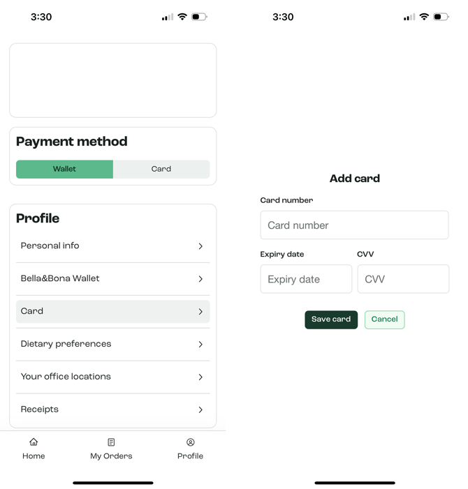 Bella&Bona _ Mobile _ Adding card on account